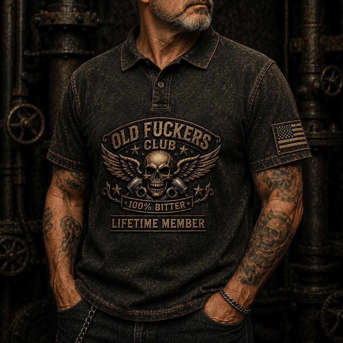 Old Fuckers Club Skull Printed Polo Shirt, Funny Old Man Polo, Biker Skull Graphic Shirt, Motorcycle Lover Gift for Men, Lifetime Member