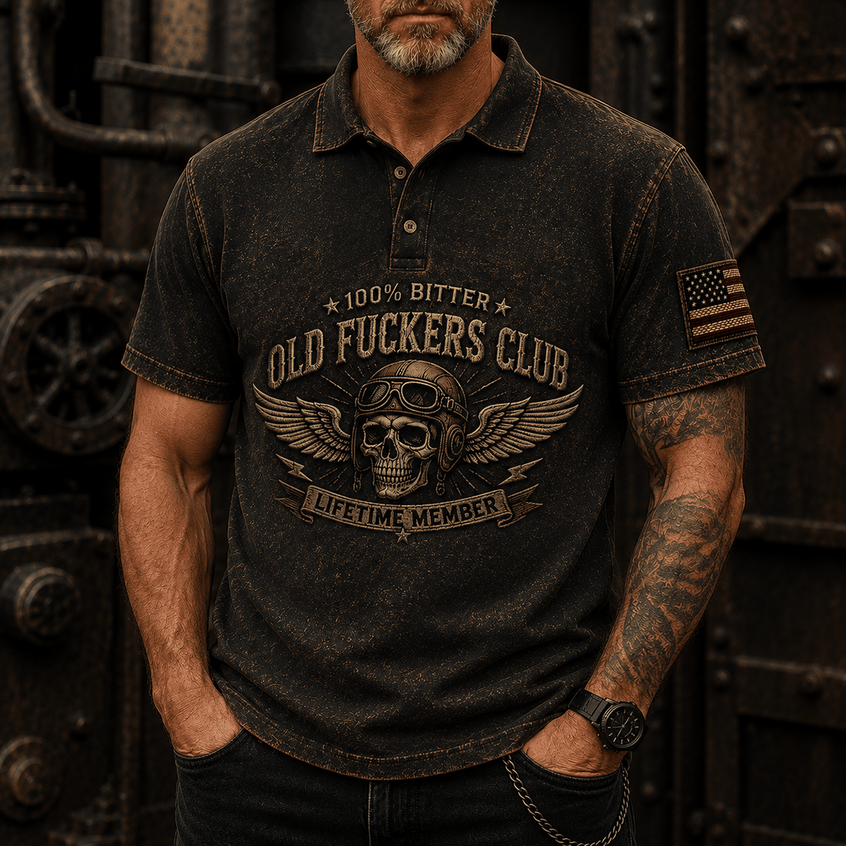 Old Fuckers Club Skull Printed Polo Shirt, Funny Biker Polo, Motorcycle Skull Graphic Shirt, Old Man Humor Gift for Men, Lifetime Member
