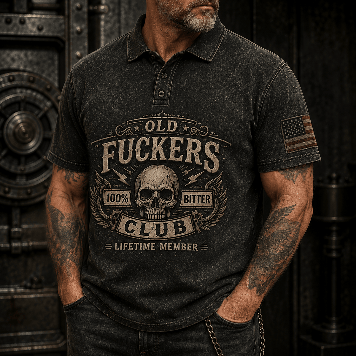 Old Fuckers Club Lifetime Member Printed Polo Shirt, Funny Skull Graphic Polo, Old Man Humor Gift for Men, Biker Skull Design