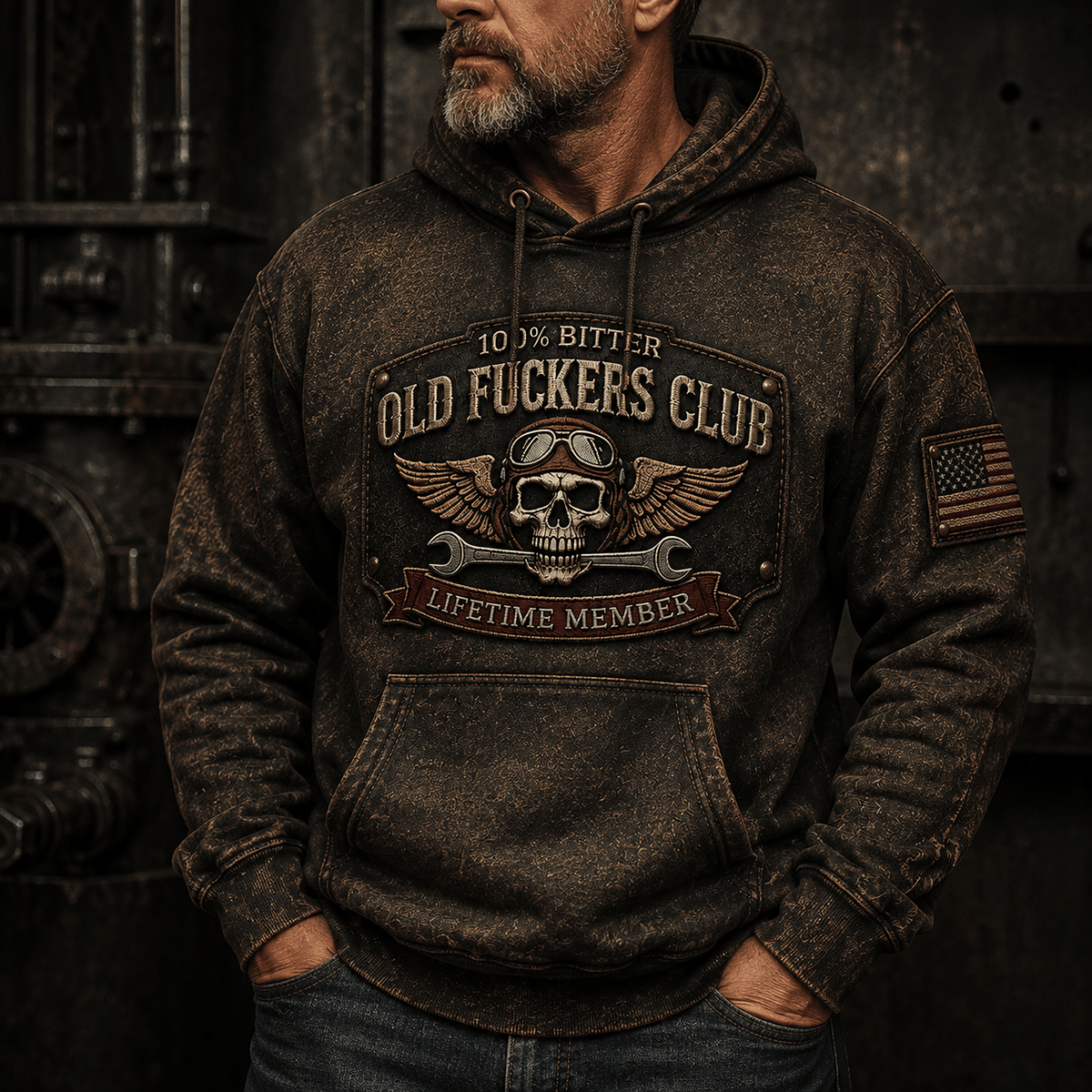 Old Fuckers Club Printed Hoodie, Funny Mechanic Skull Wrench Hoodie, Lifetime Member Garage Humor Gift for Men, Mechanic Dad Gift