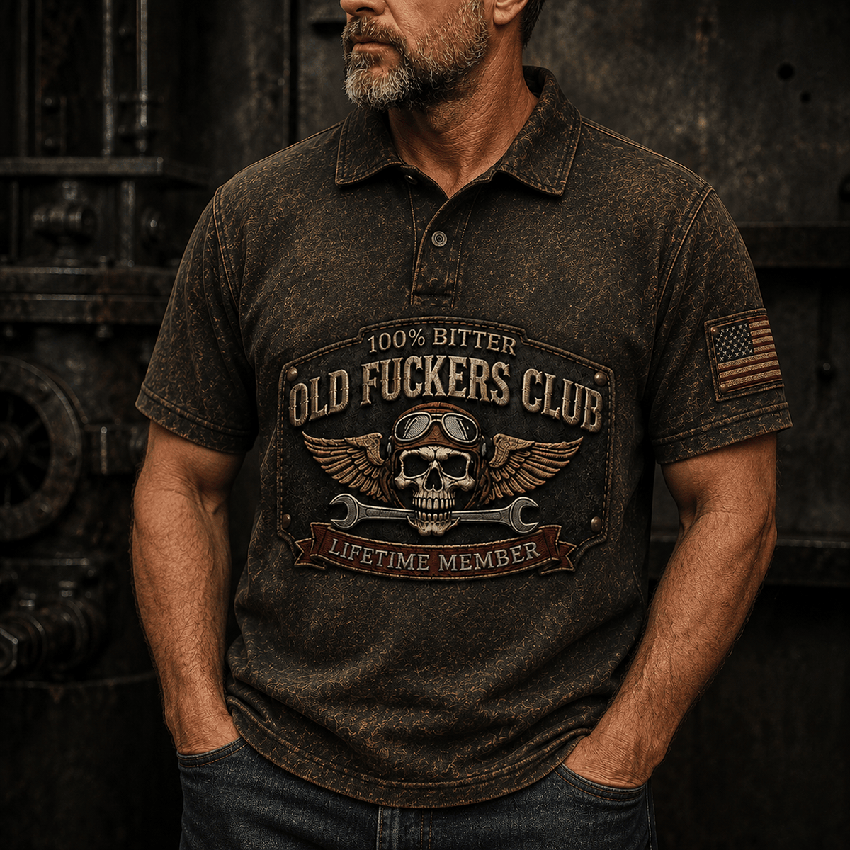 Old Fuckers Club Printed Polo Shirt, Funny Mechanic Skull Wrench Polo, Lifetime Member Garage Humor Gift for Men, Mechanic Dad Gift