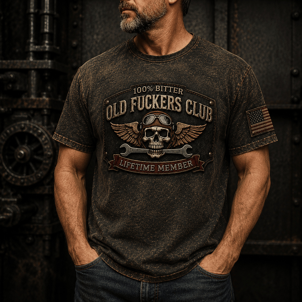 Old Fuckers Club Printed T-Shirt, Funny Mechanic Skull Wrench Shirt, Lifetime Member Garage Humor Gift for Men, Mechanic Dad Gift