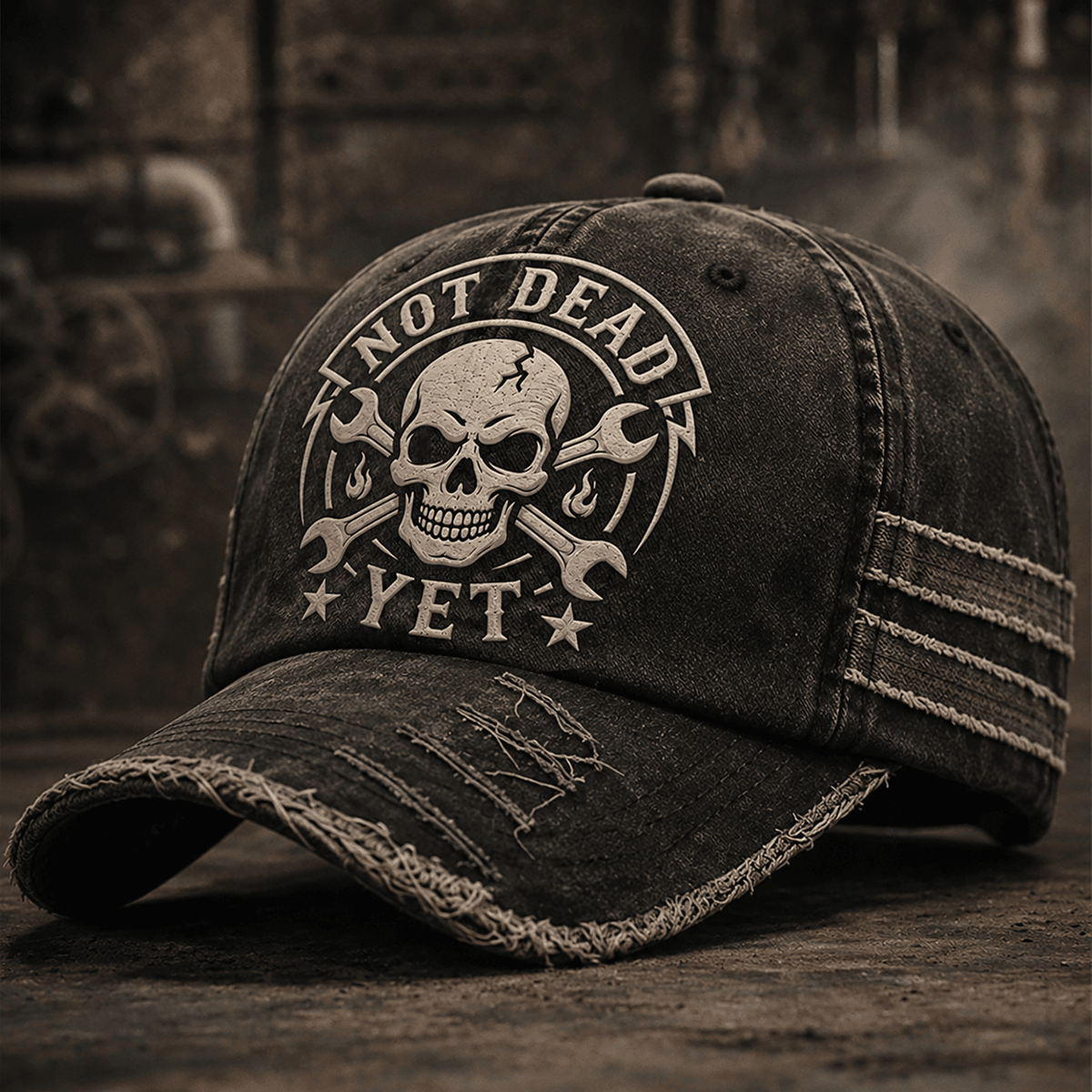 Not Dead Yet Printed Cap, Funny Mechanic Skull Wrench Hat, Auto Repair Garage Humor, Mechanic Gift for Men, Car Guy Gift