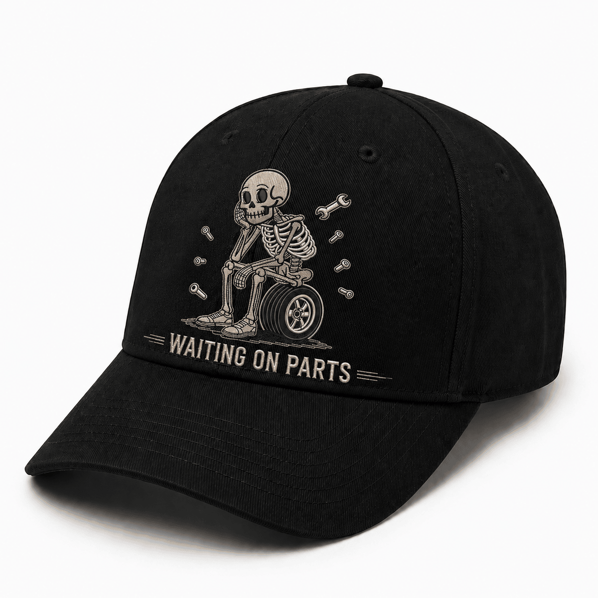 Waiting on Parts Printed Cap, Funny Mechanic Skeleton Hat, Auto Repair Garage Humor, Car Mechanic Gift for Men, Car Guy Gift