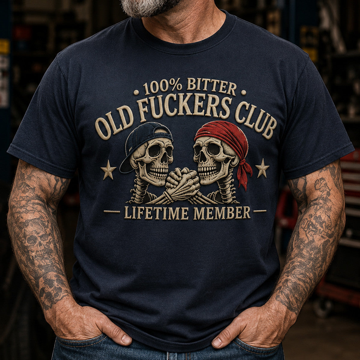 Old Fuckers Club Printed T-Shirt, Funny Skull Shirt, Lifetime Member Graphic Tee, Skeleton Friends Design, Gift for Dad Grandpa