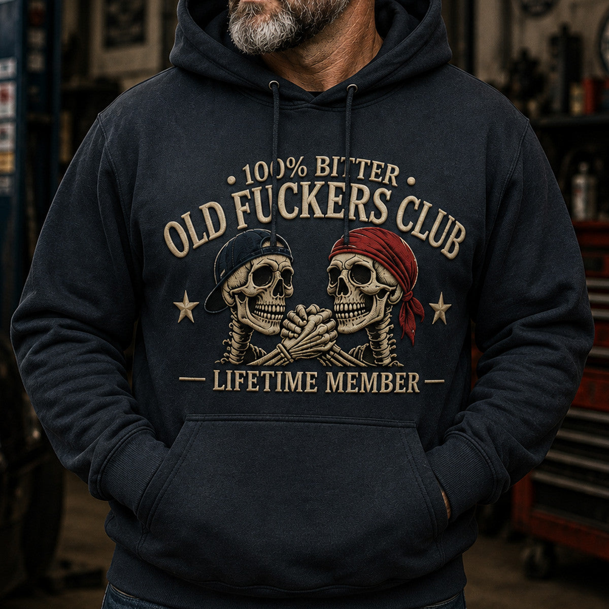 Old Fuckers Club Printed Hoodie, Funny Skull Graphic Hoodie, Lifetime Member Design, Skeleton Friends Humor, Gift for Dad Grandpa