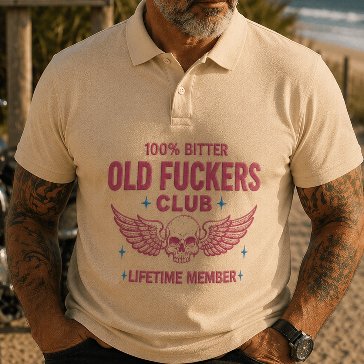 Old Fuckers Club Lifetime Member Printed Polo Shirt, Funny Skull Wings Graphic Polo, Humor Gift for Older Men