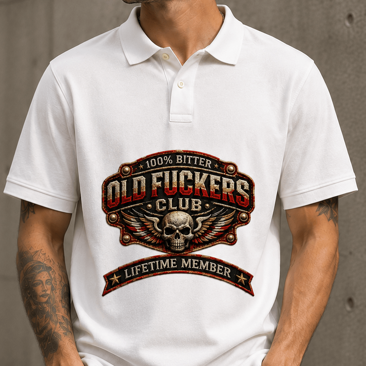Old Fuckers Club Lifetime Member Printed Polo Shirt, Funny Skull Graphic Polo, Biker Humor Gift for Men