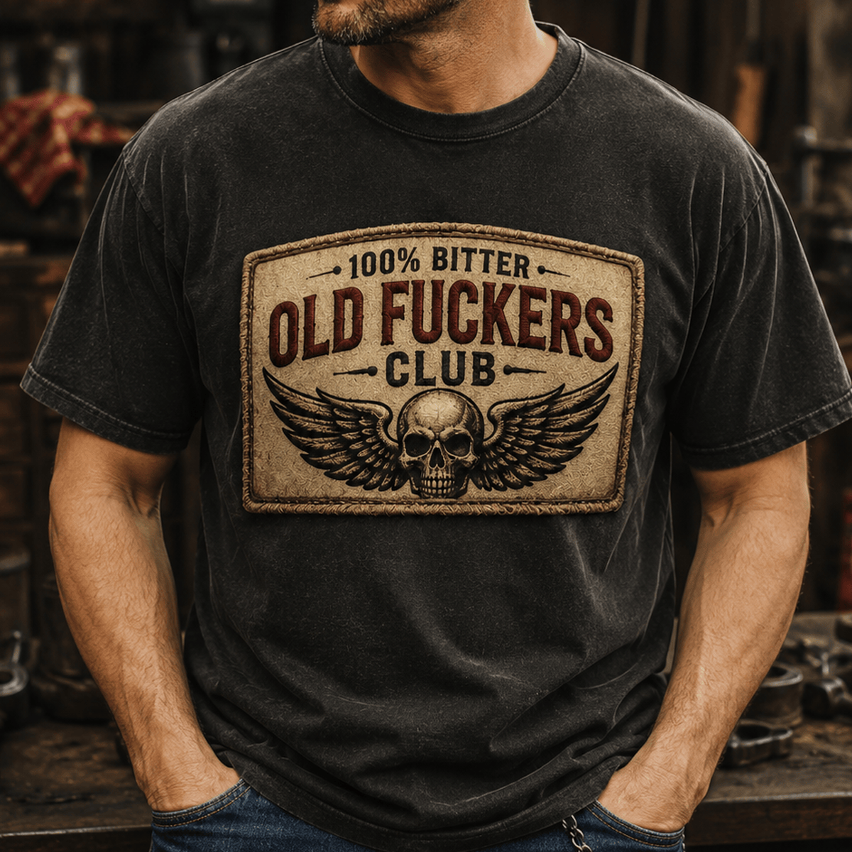 Old Fuckers Club Printed T-Shirt, Funny Skull Wing Graphic Tee for Men, Old Man Humor Shirt, Birthday Gift