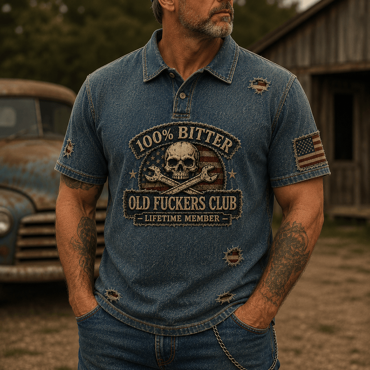 Men's Bitter Old Guys Club Lifetime Member Printed Polo Shirt, Skull Wrench American Flag Graphic, Funny Mechanic Gift for Older Men