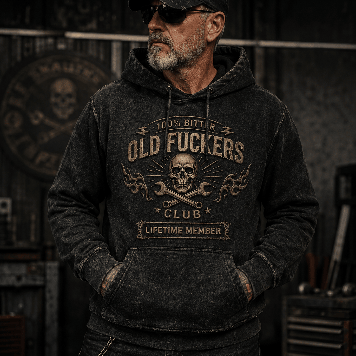 Men's Bitter Old Guys Club Lifetime Member Printed Hoodie, Skull Wrench Flame Graphic, Funny Mechanic Birthday Gift for Older Men