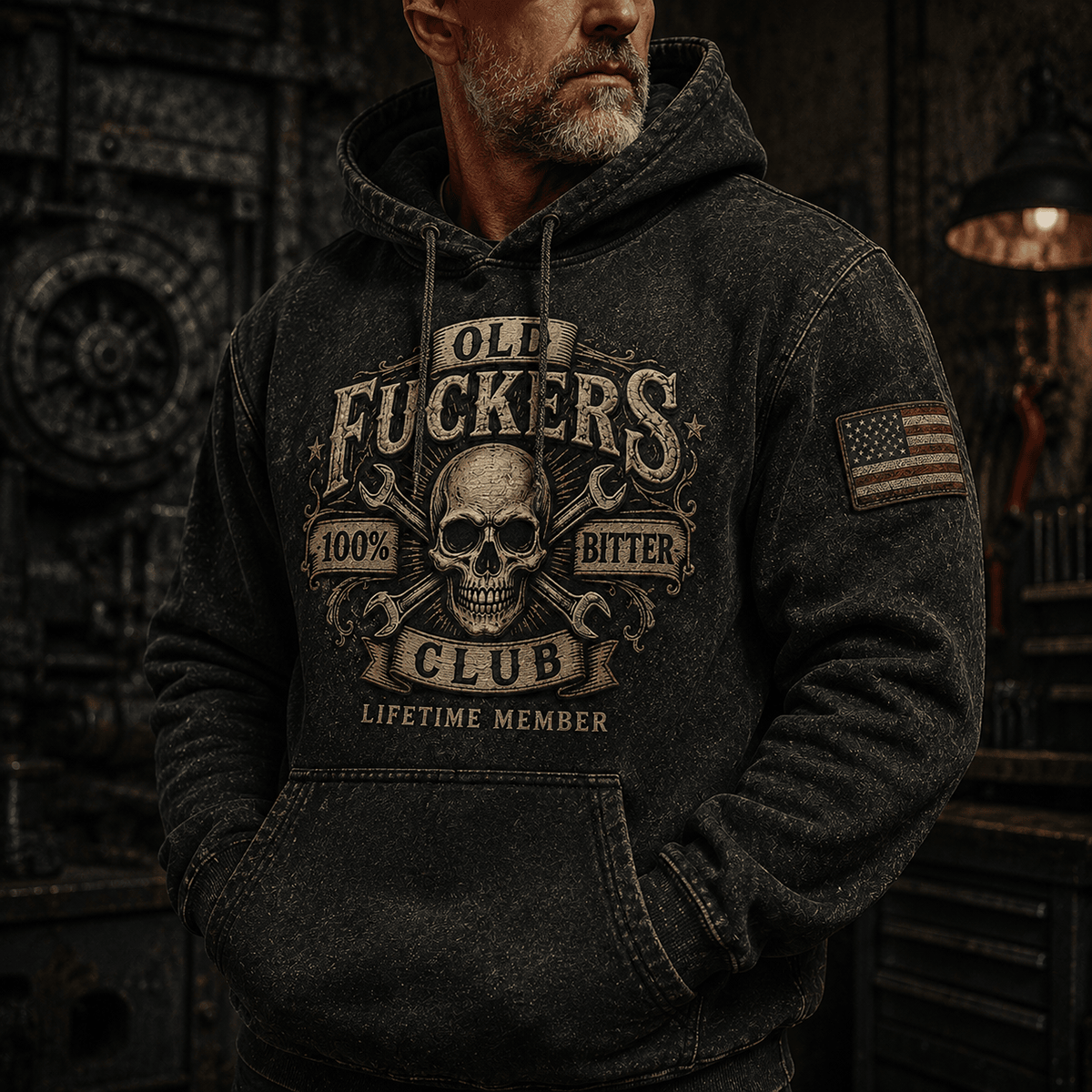 Men's Bitter Old Guys Club Lifetime Member Printed Hoodie, Skull Crossed Wrenches Graphic, Funny Mechanic Birthday Gift for Older Men