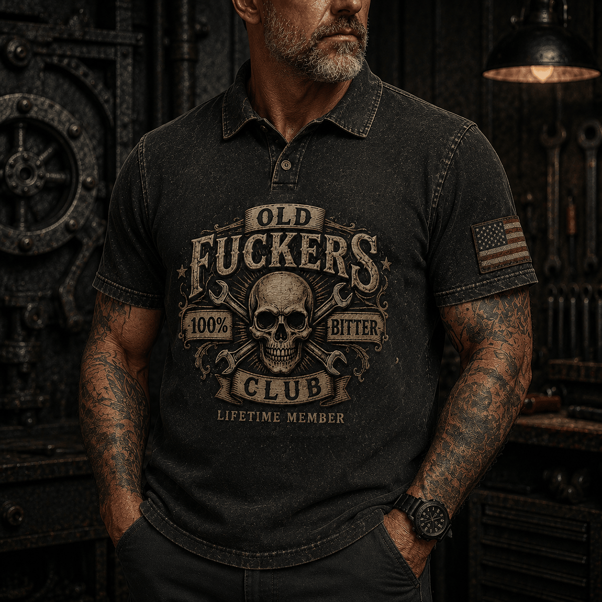 Men's Bitter Old Guys Club Lifetime Member Printed Polo Shirt, Skull Crossed Wrenches Graphic, Funny Mechanic Gift for Older Men