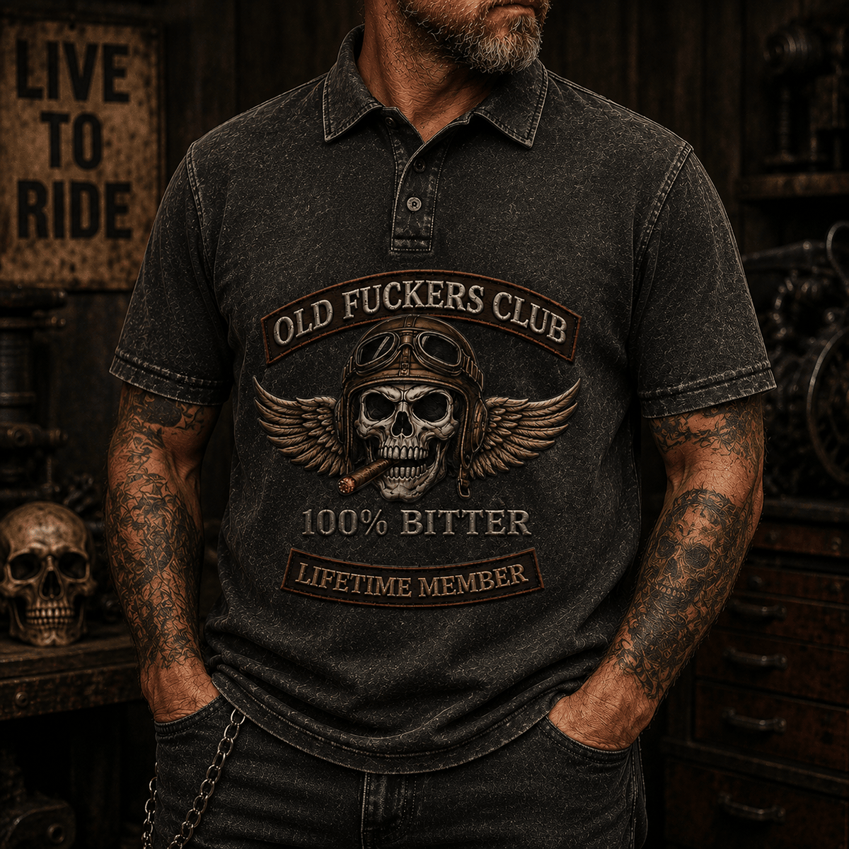 Old Guys Club Winged Skull Printed Polo Shirt for Men, Vintage Biker Graphic, Funny Grumpy Old Man Motorcycle Rider Gift, Retro Design