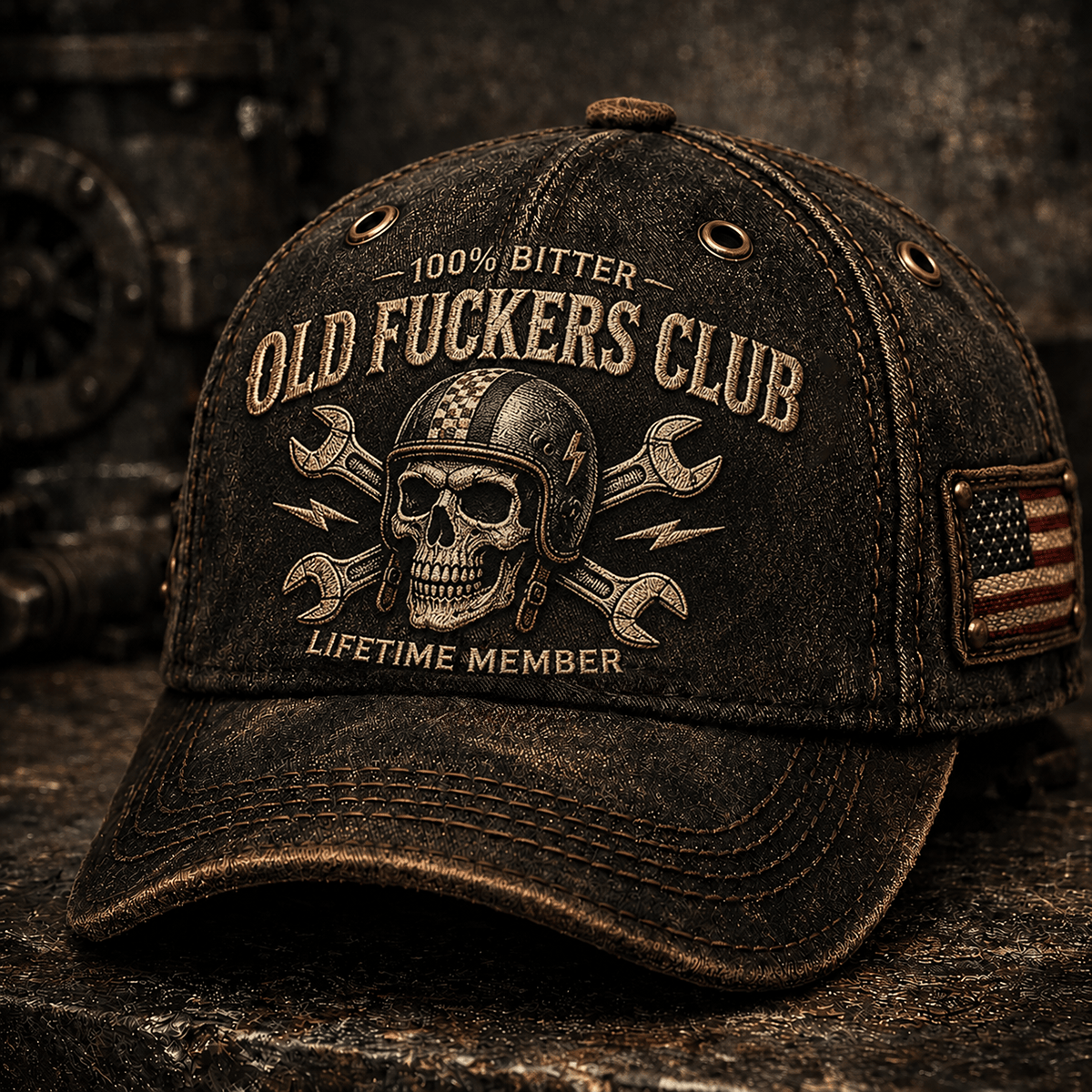 Old Guys Club Lifetime Member Skull Mechanic Printed Baseball Cap for Men, Vintage Biker Wrench Graphic Hat, Motorcycle Rider Gift