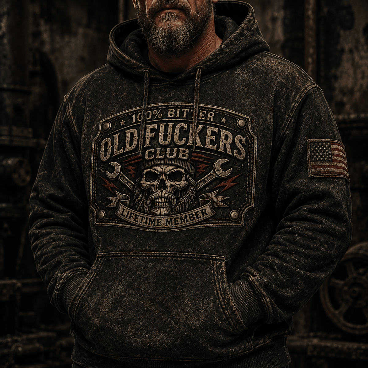 Old Guys Club Lifetime Member Skull Mechanic Printed Hoodie for Men, Vintage Wrench Graphic, Funny Grumpy Old Man Gift for Mechanics