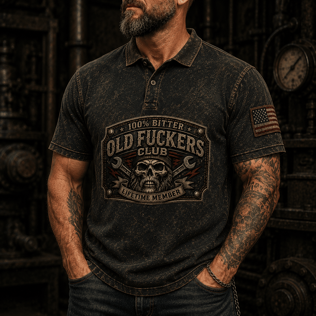 Old Guys Club Lifetime Member Skull Mechanic Printed Polo Shirt for Men, Vintage Wrench Graphic, Funny Grumpy Old Man Mechanic Gift