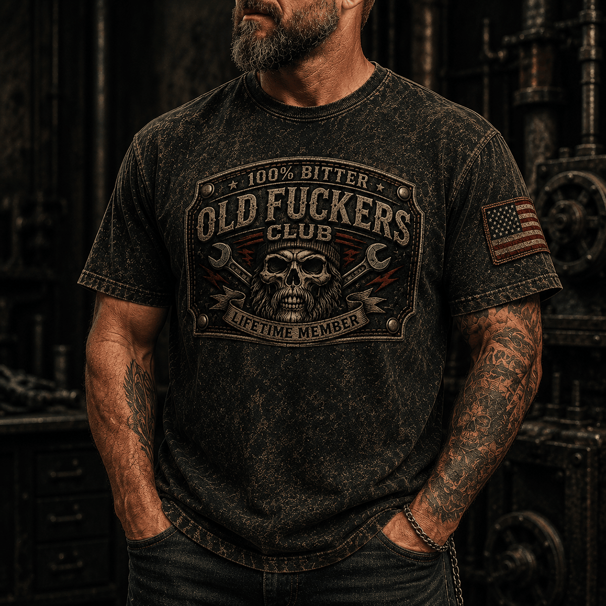 Old Guys Club Lifetime Member Skull Mechanic Printed T-Shirt for Men, Vintage Wrench Graphic Tee, Funny Grumpy Old Man Mechanic Gift