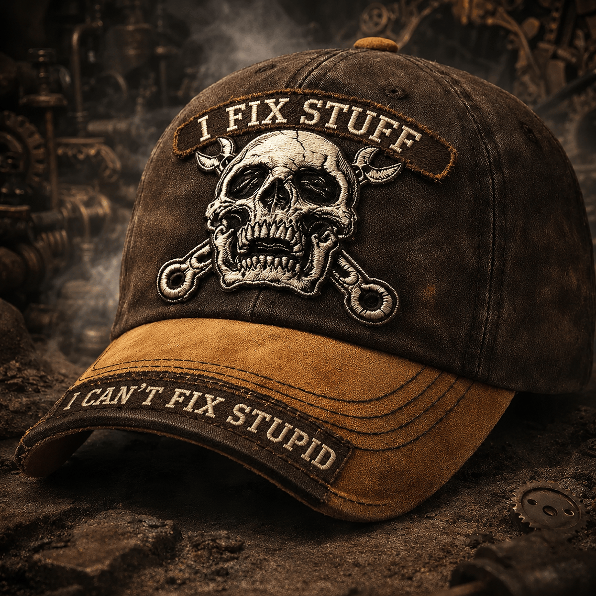 I Fix Stuff I Can’t Fix Stupid Printed Cap, Funny Mechanic Skull Hat, Vintage Repairman Baseball Cap, Mechanic Gift for Men