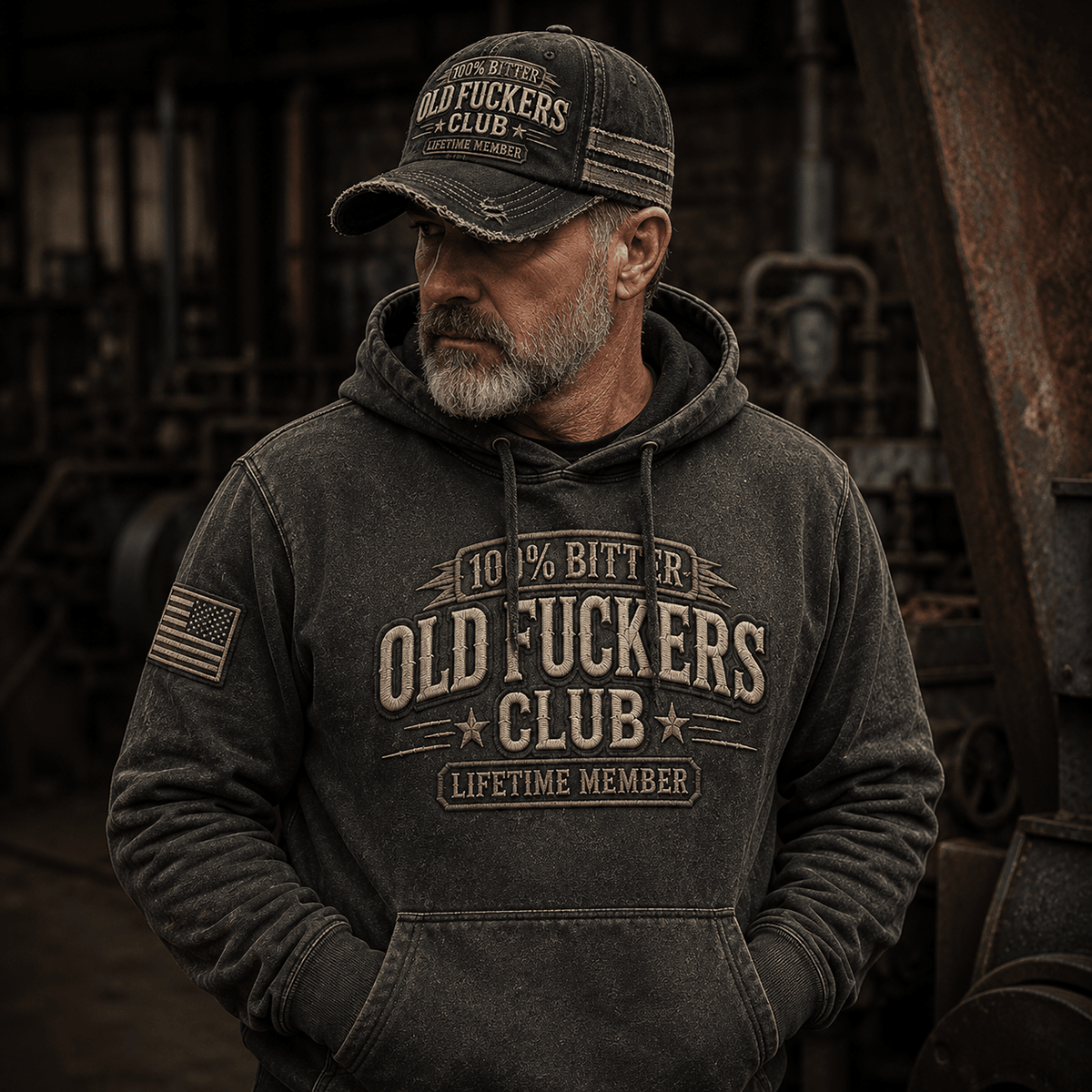 Old Fuckers Club Lifetime Member Printed Hoodie, Funny Vintage Graphic Pullover, Humor Gift for Men Dad Grandpa