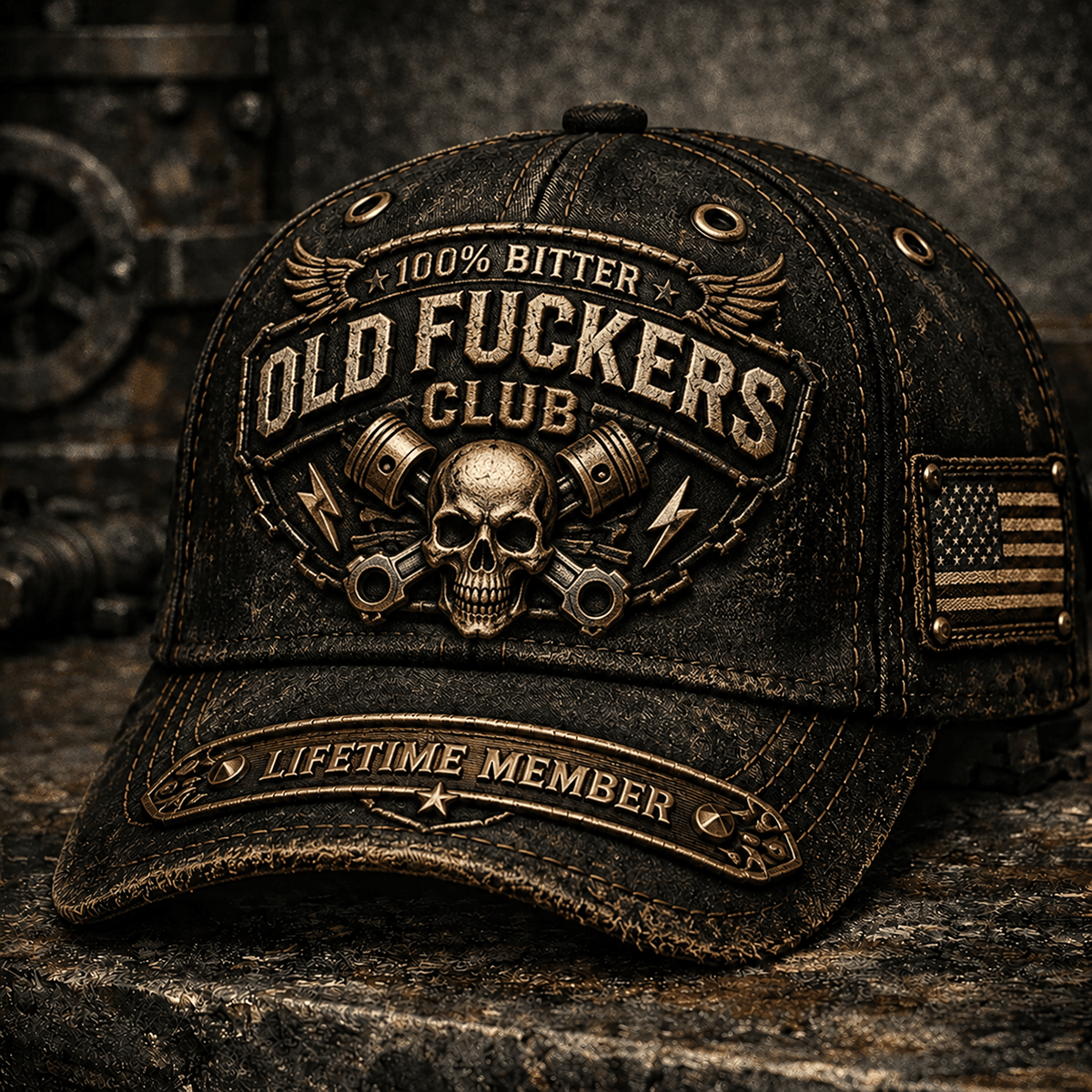 Old Fuckers Club Lifetime Member Printed Cap, Skull Piston Graphic Hat for Men, Vintage Mechanic Baseball Cap, Funny Gift for Dad
