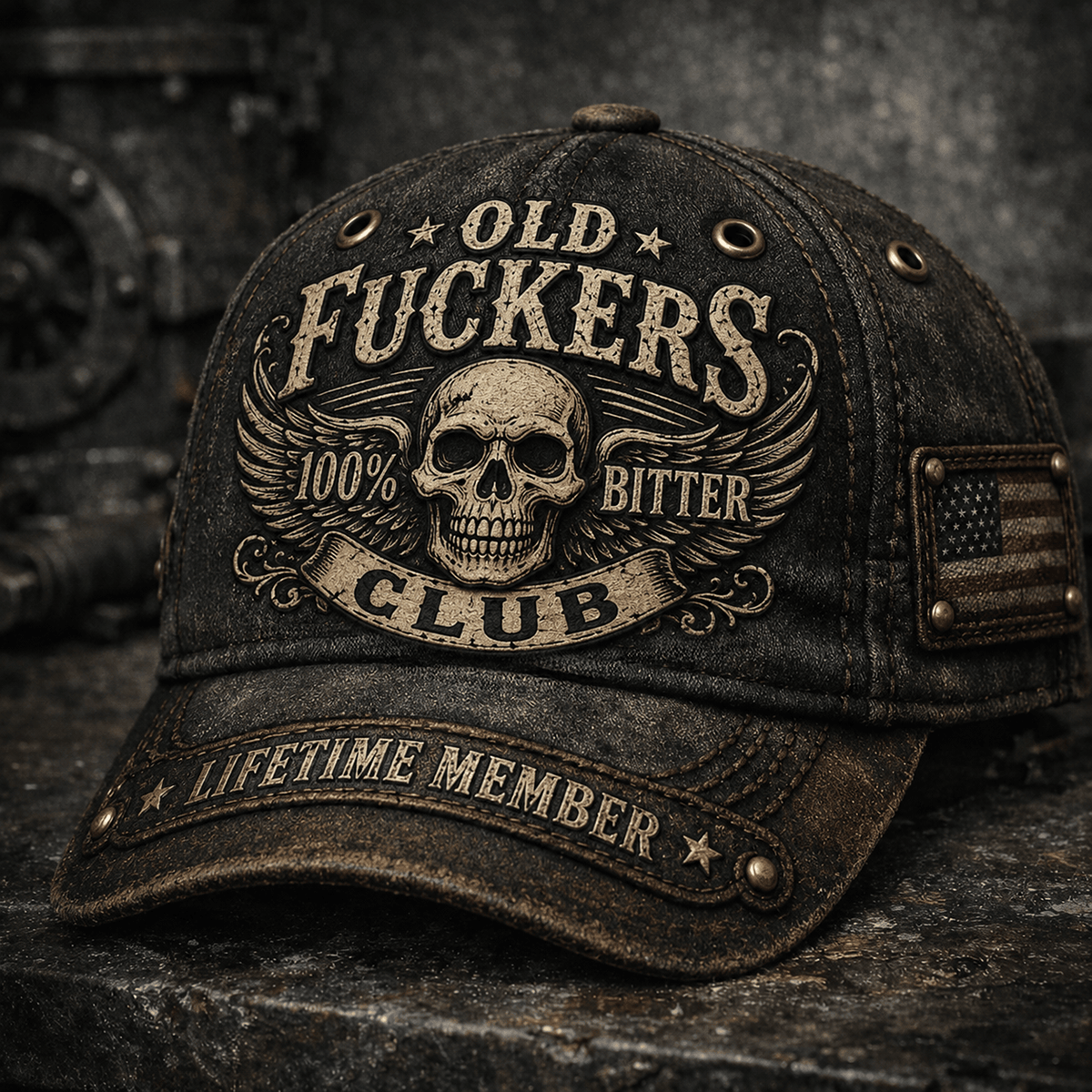 Old Fuckers Club Lifetime Member Printed Cap, Bitter Skull Graphic Hat for Men, Vintage Distressed Baseball Cap Gift