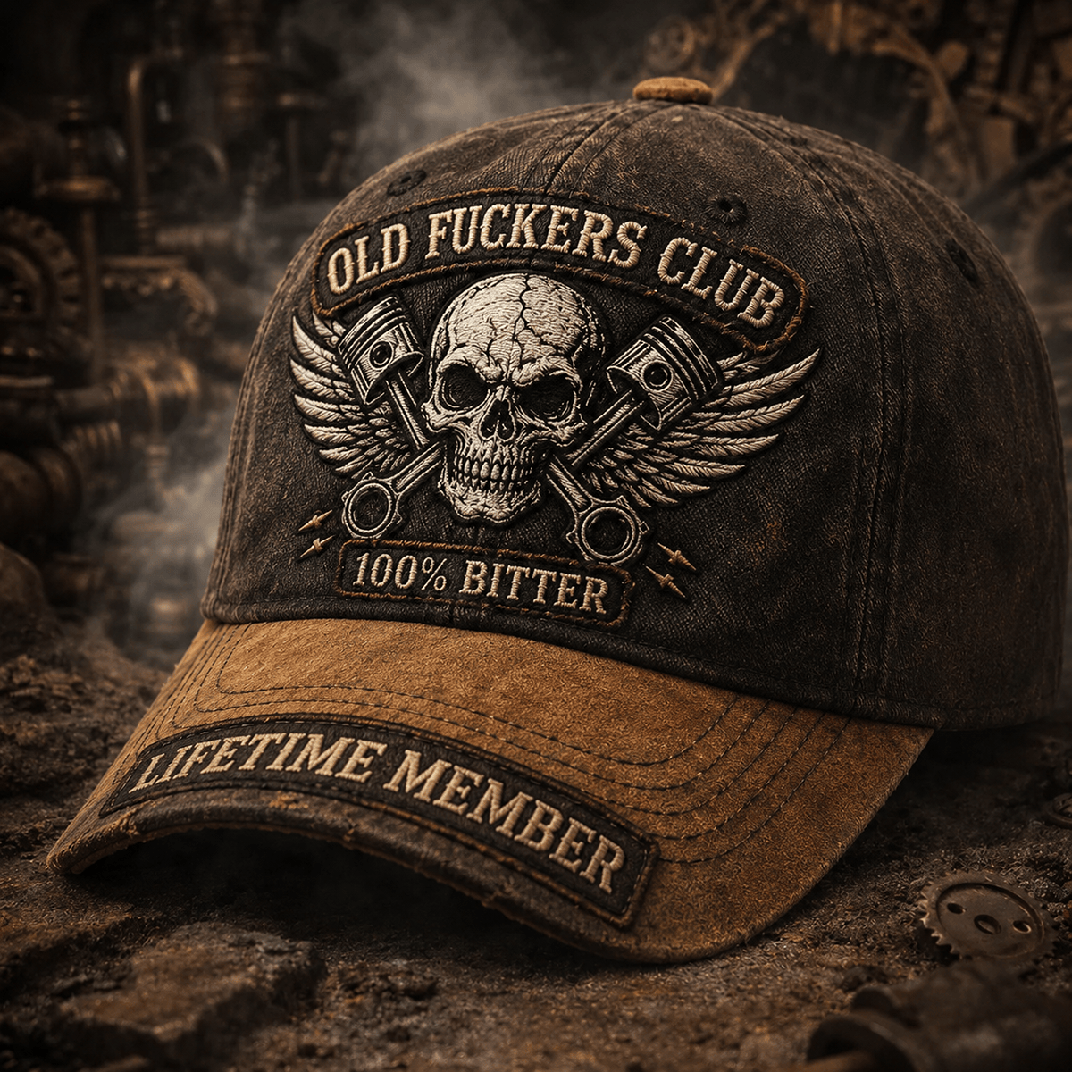 Old Fuckers Club Lifetime Member Printed Cap, Bitter Skull Piston Graphic Hat for Men, Vintage Distressed Baseball Cap Gift