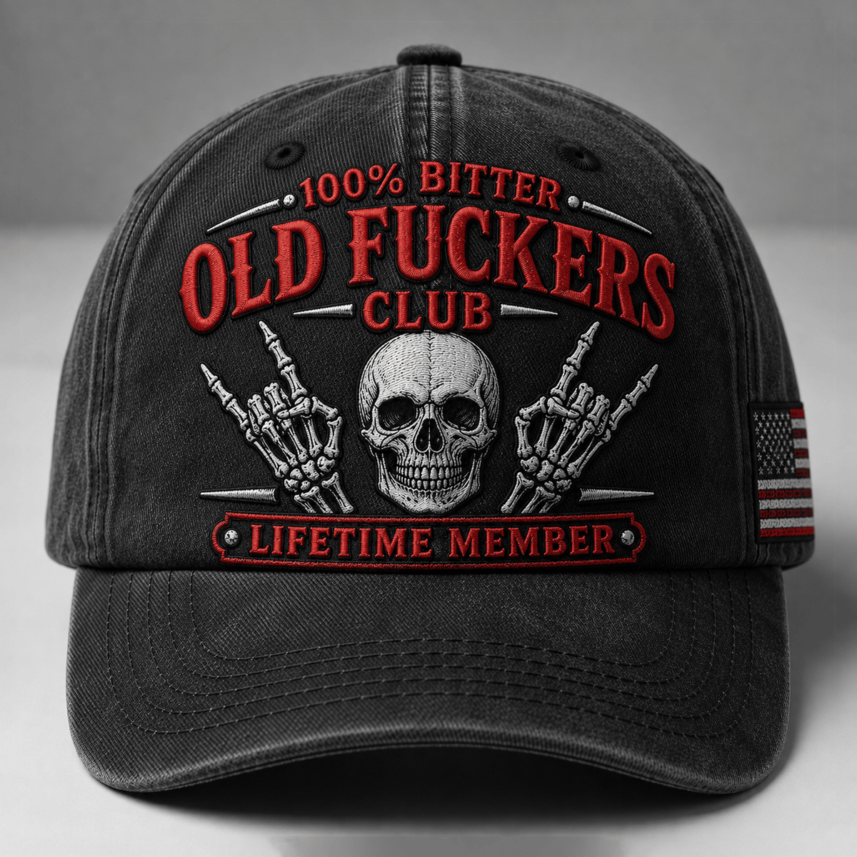 Old Fuckers Club Lifetime Member Printed Cap, Skull Hand Graphic Hat for Men, Funny Vintage Baseball Cap, USA Flag Gift for Men