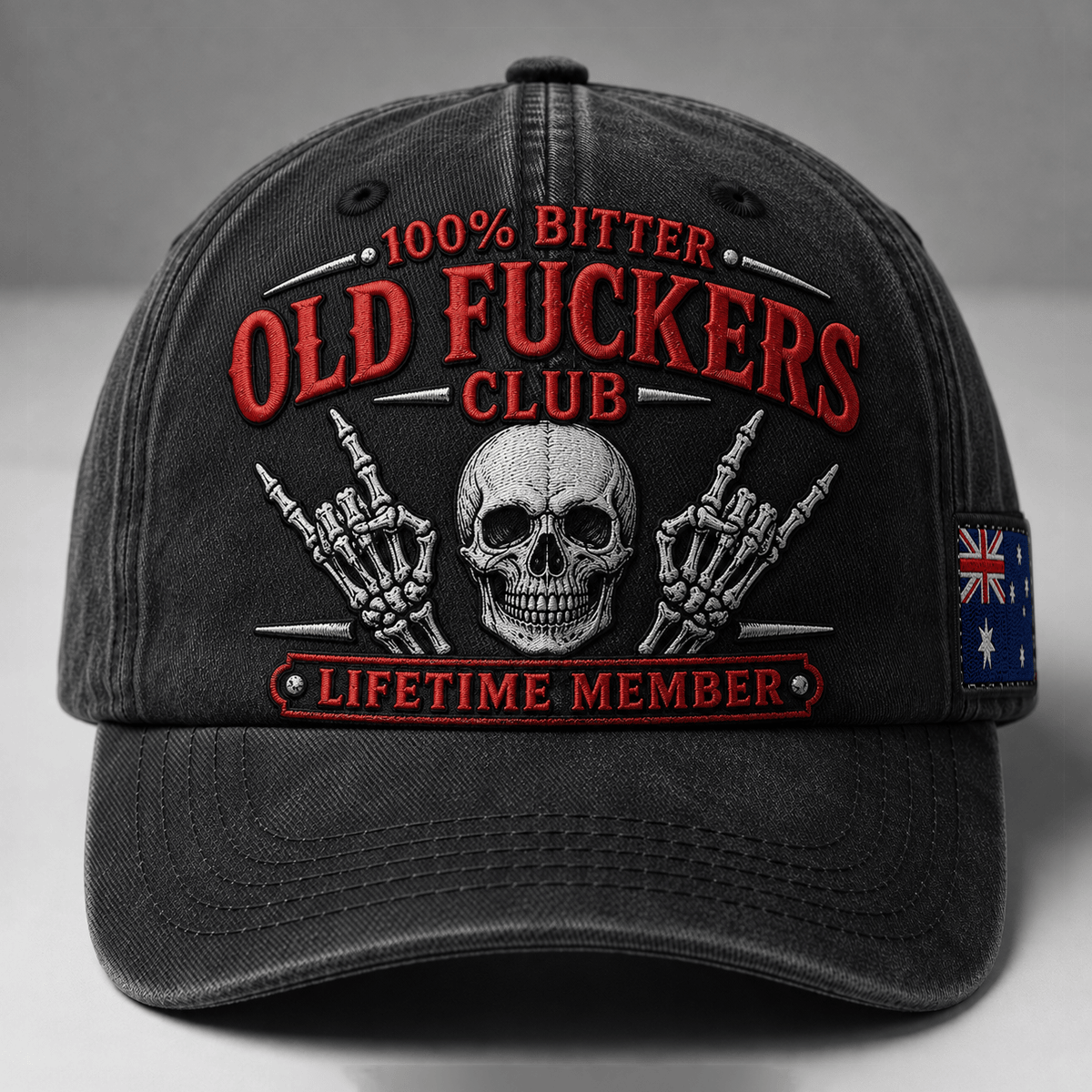 Old Fuckers Club Lifetime Member Printed Cap, Skull Hand Graphic Hat for Men, Funny Vintage Baseball Cap, Australia Flag Gift for Men