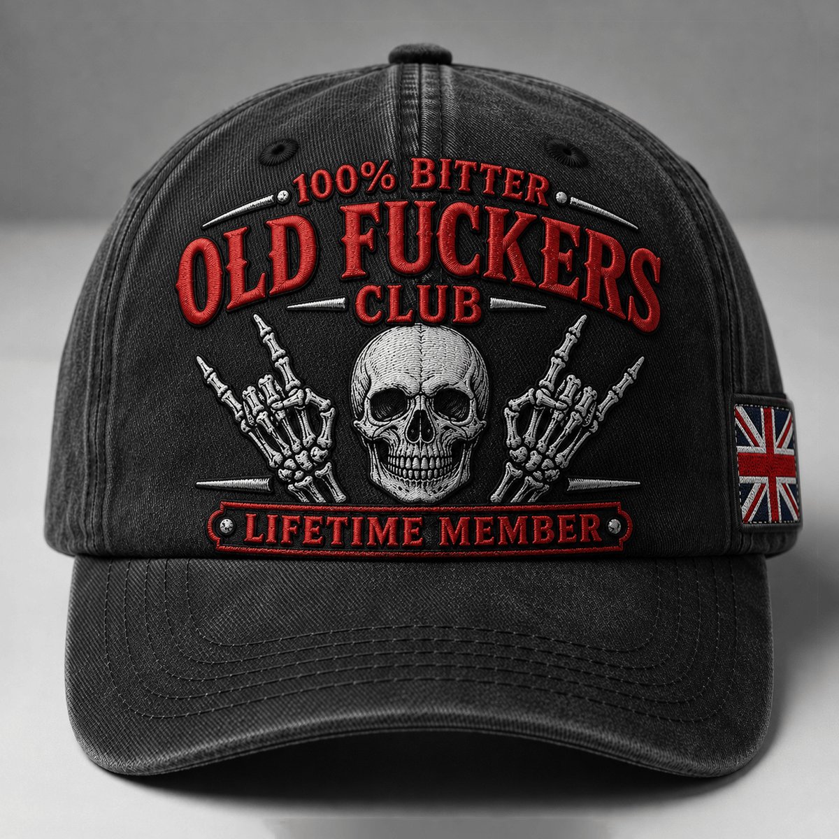 Old Fuckers Club Lifetime Member Printed Cap, Skull Hand Graphic Hat for Men, Funny Vintage Baseball Cap, UK Flag Gift for Men