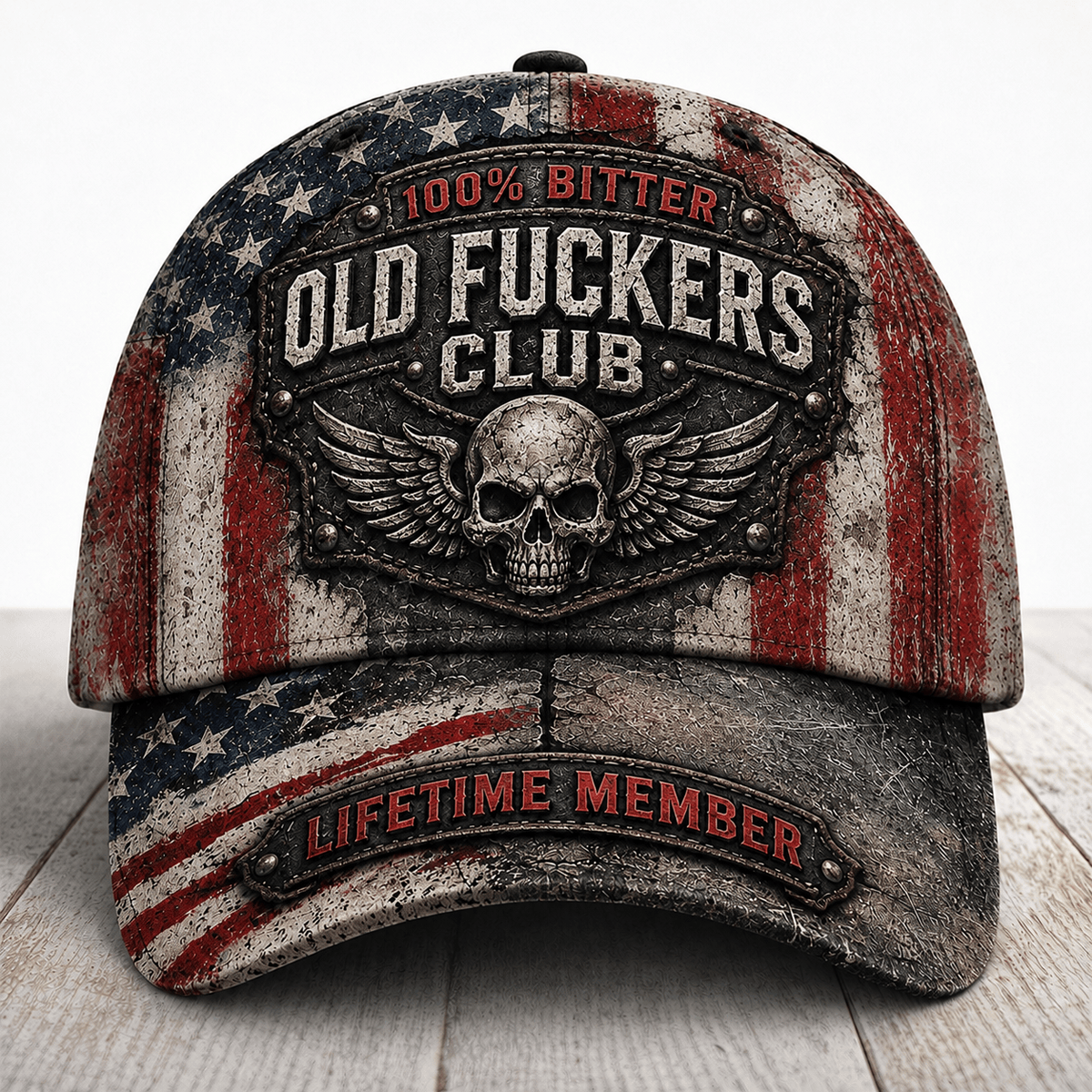 Old Fuckers Club Lifetime Member Printed Cap, Winged Skull Graphic Hat for Men, American Flag Baseball Cap, Vintage Gift for Dad