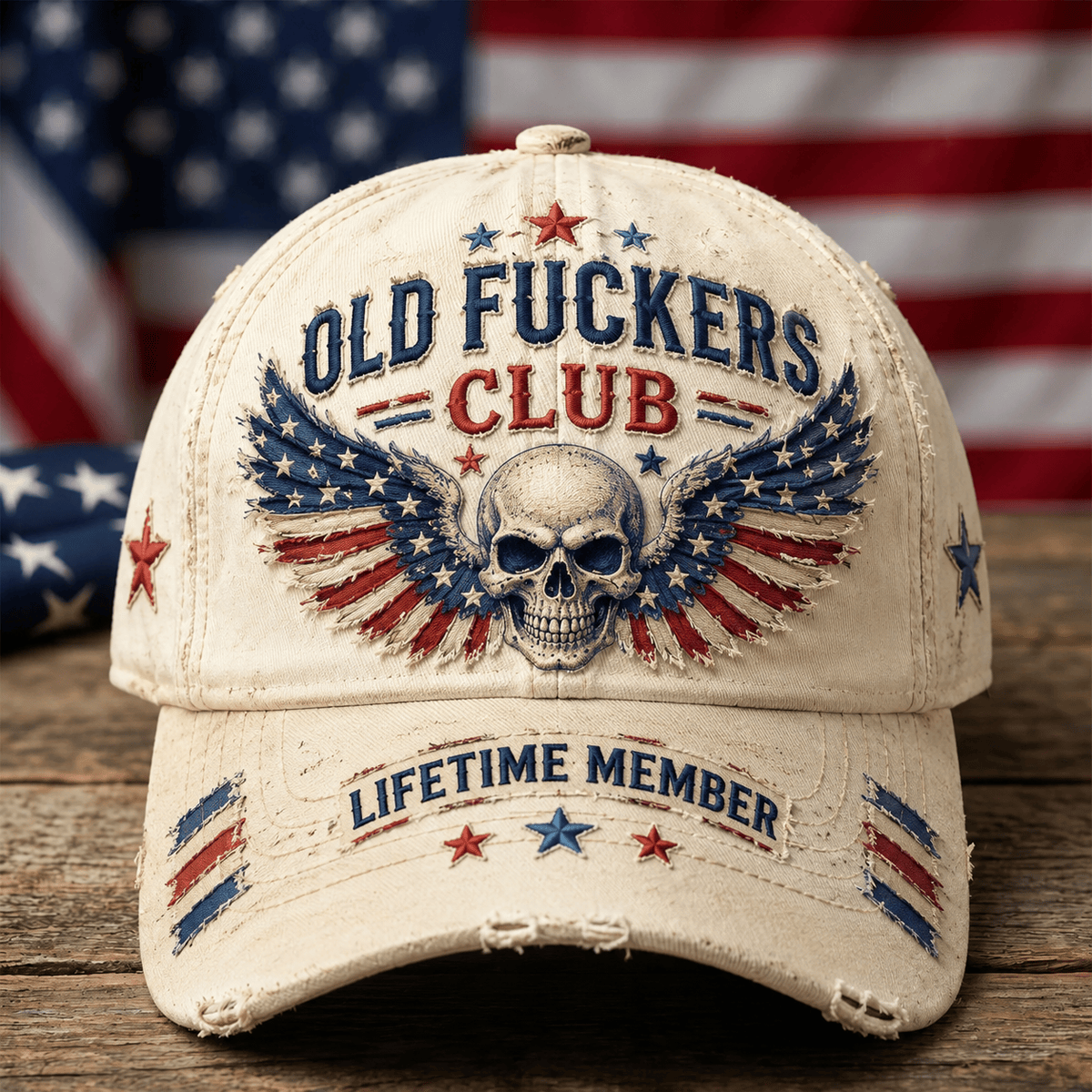 Old Fuckers Club Lifetime Member Printed Baseball Cap, Funny Skull American Flag Hat, Senior Men Humor Patriotic Graphic Cap