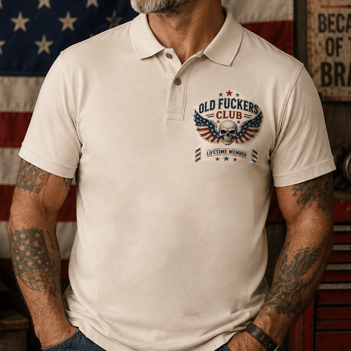 Old Fuckers Club Lifetime Member Printed Polo Shirt, Funny Skull American Flag Polo, Senior Men Humor Patriotic Graphic Shirt