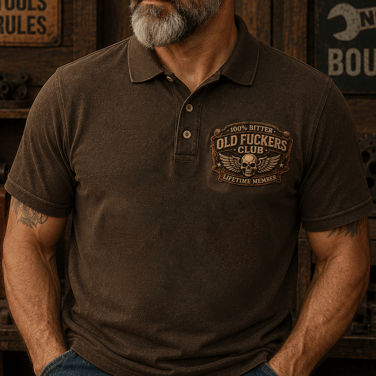 Old Fuckers Club Lifetime Member Printed Polo Shirt, Funny Skull Wings Polo, Old Man Humor Graphic Shirt for Men