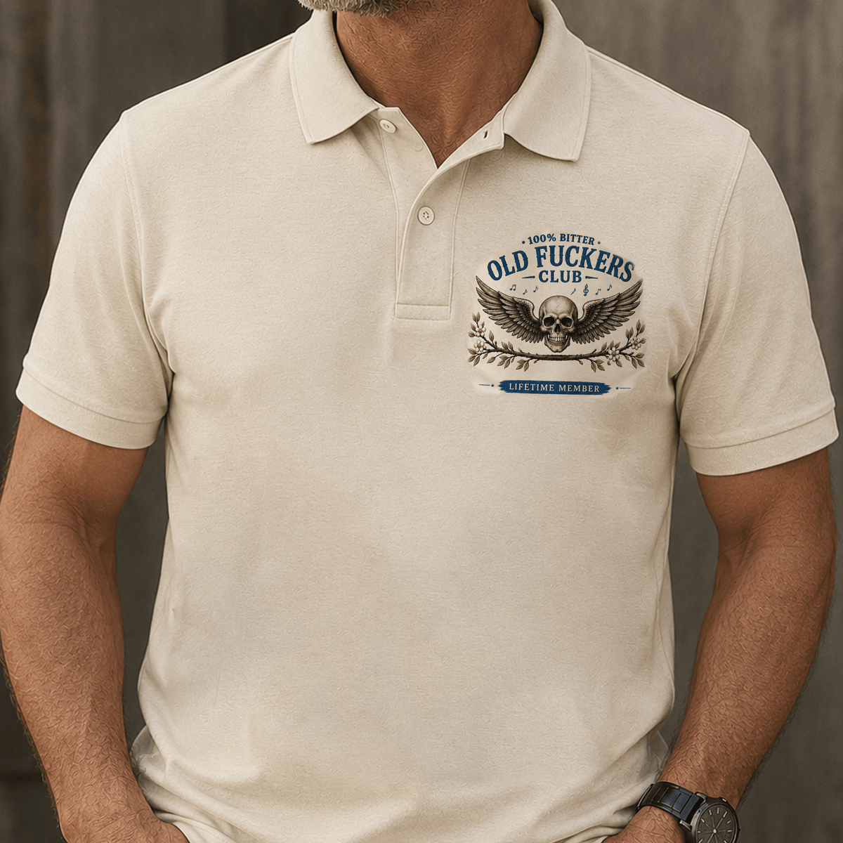 Old Fuckers Club Lifetime Member Printed Polo Shirt, Funny Skull Wings Polo, Old Man Humor Graphic Shirt for Men