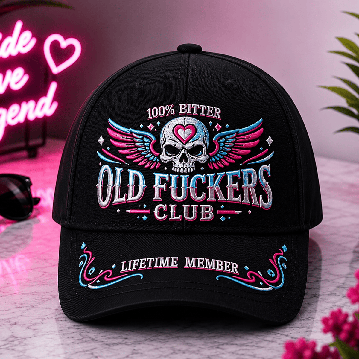 Old Fuckers Club Lifetime Member Printed Baseball Cap, Funny Skull Heart Wings Hat, Old Man Humor Graphic Cap for Men