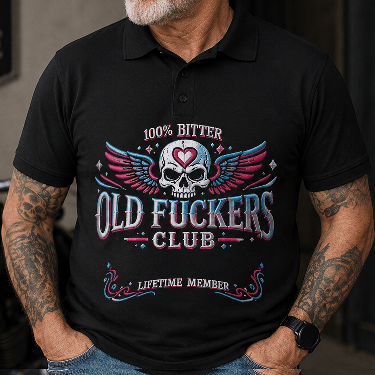 Old Fuckers Club Lifetime Member Printed Polo Shirt, Funny Skull Heart Wings Polo, Old Man Humor Graphic Shirt for Men