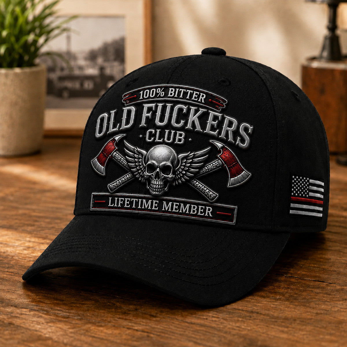 Old Fuckers Club Lifetime Member Printed Baseball Cap, Skull Wings Crossed Axes Hat, Funny Old Man Graphic Cap for Men