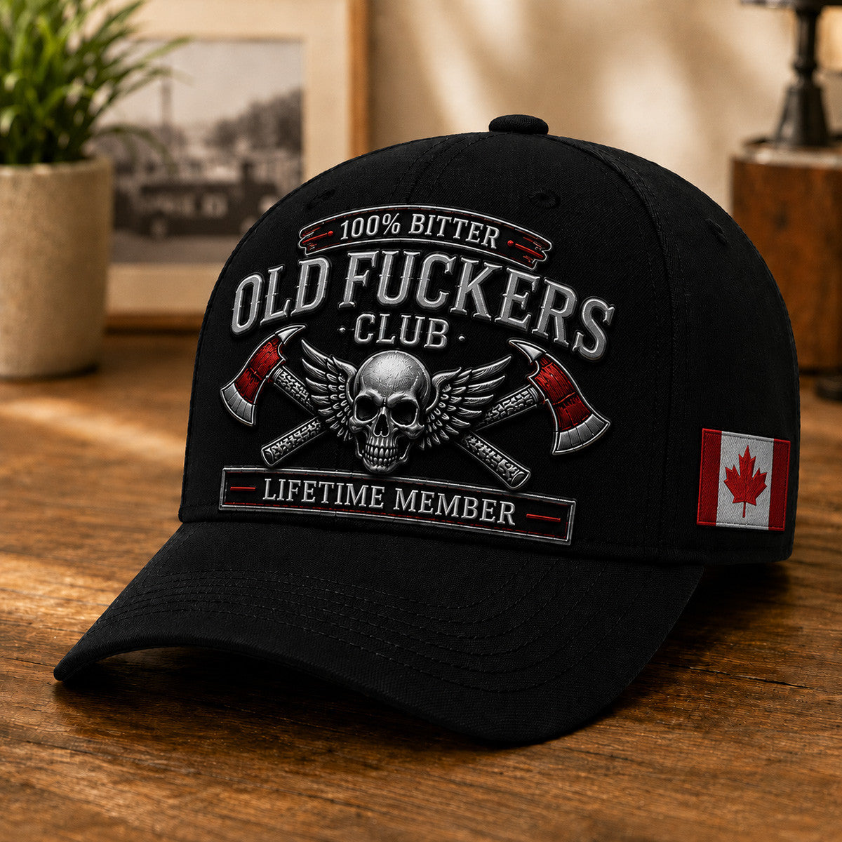 Old Fuckers Club Lifetime Member Printed Baseball Cap, Skull Wings Crossed Axes Canada Flag Hat, Funny Old Man Graphic Cap for Men