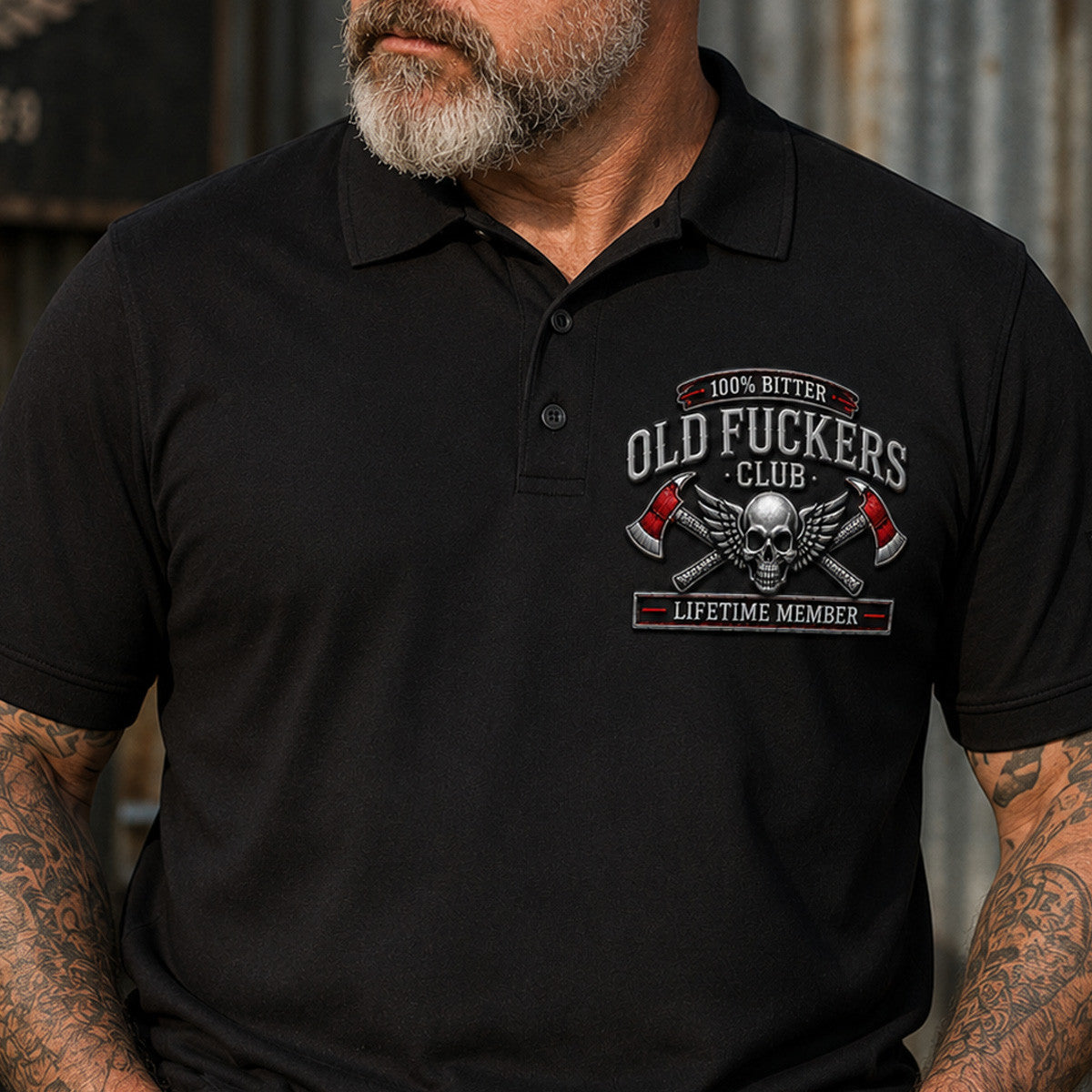 Old Fuckers Club Lifetime Member Printed Polo Shirt, Skull Wings Crossed Axes Polo, Funny Old Man Graphic Shirt for Men