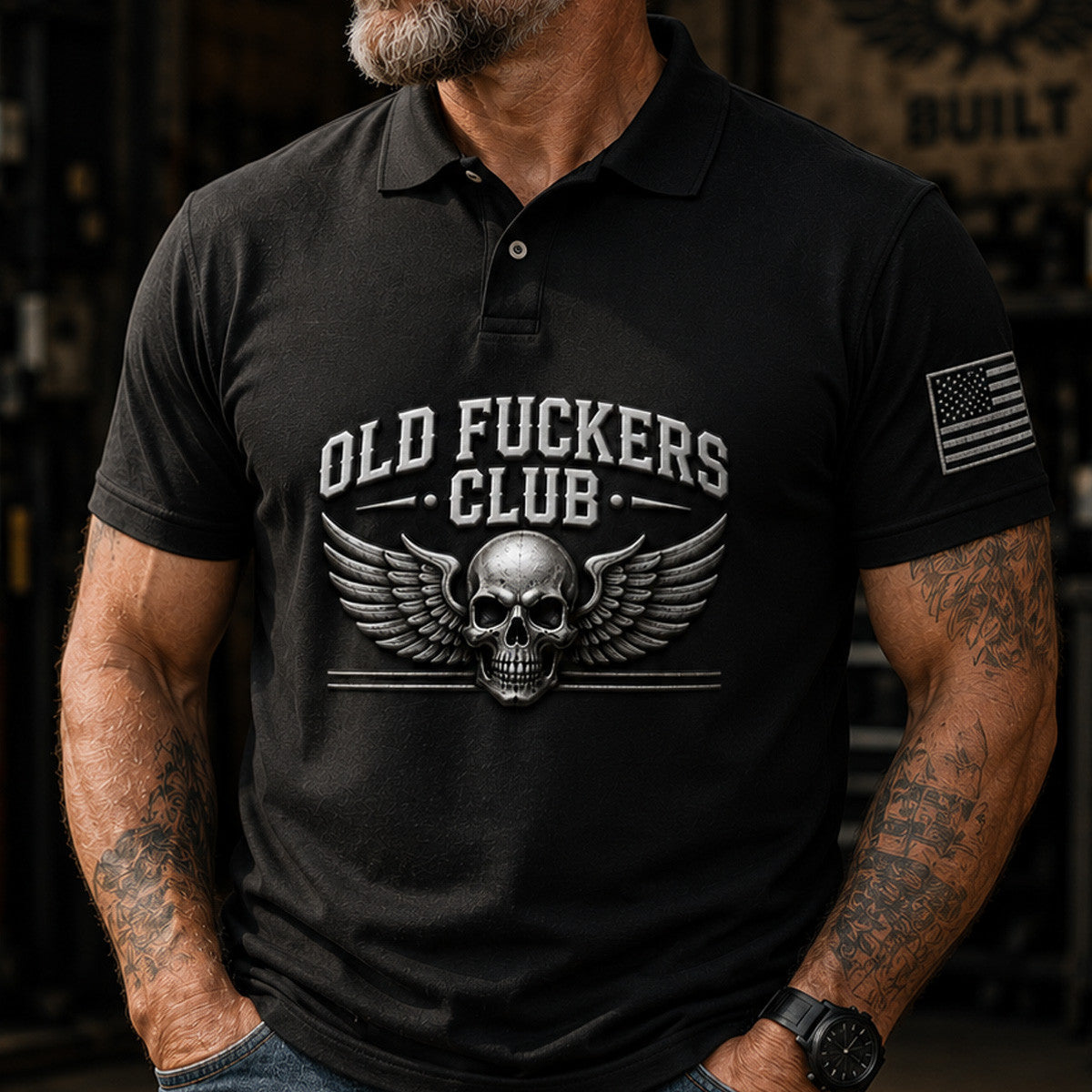 Old Fuckers Club Printed Polo Shirt, Skull Wings American Flag Polo, Funny Old Man Graphic Shirt for Men
