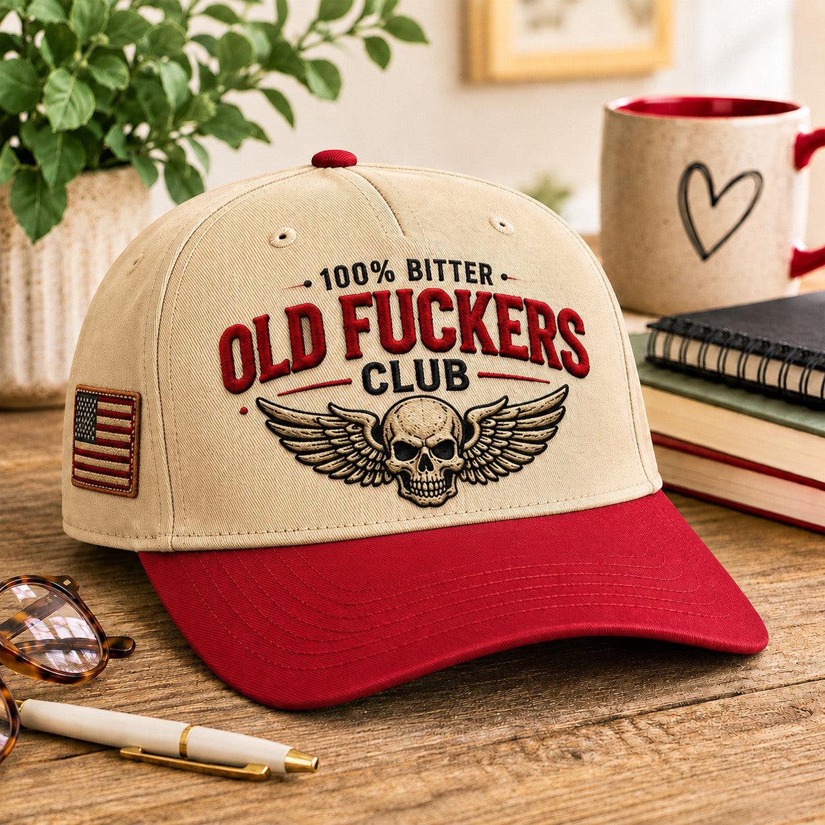 Old Fuckers Club Printed Baseball Cap, Skull Wings USA Flag Hat, Funny Old Man Graphic Cap for Men, Vintage Skull Hat