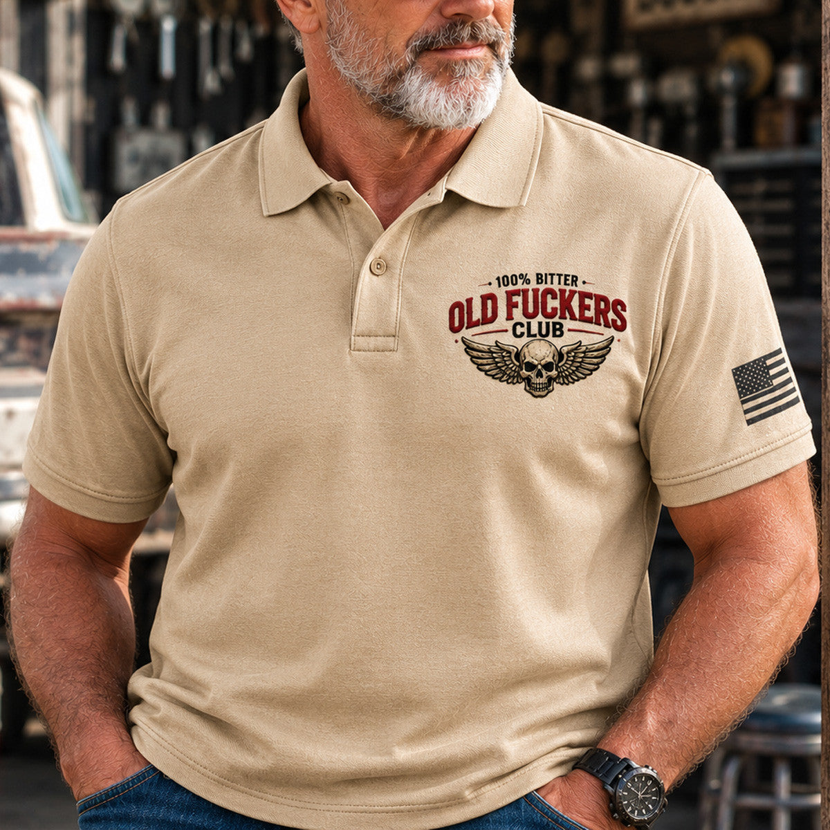 Old Fuckers Club Printed Polo Shirt, Skull Wings American Flag Polo, Funny Old Man Graphic Shirt for Men, Vintage Style Gift