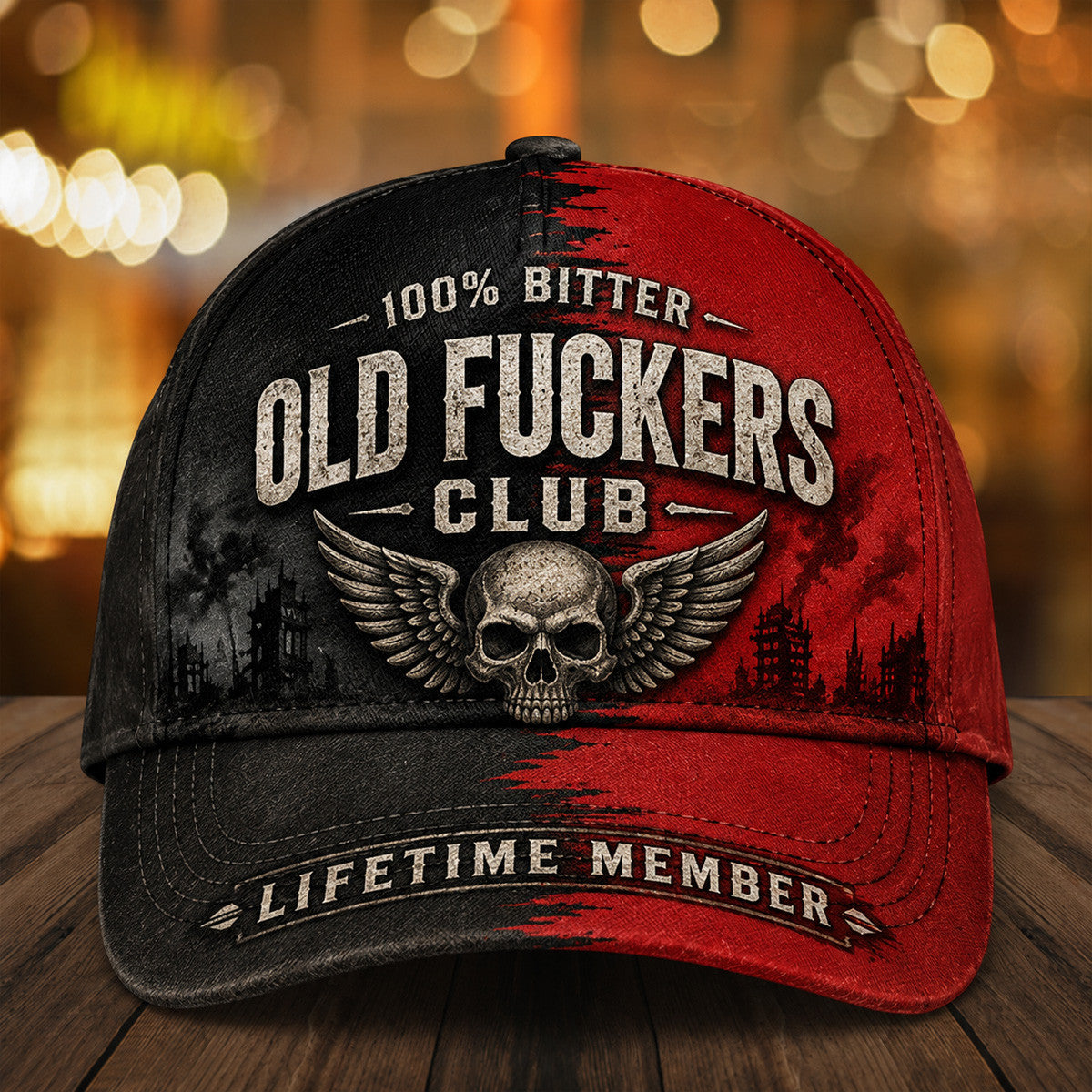 Old Fuckers Club Lifetime Member Printed Baseball Cap, Skull Wings Graphic Hat, Vintage Black Red Cap for Men
