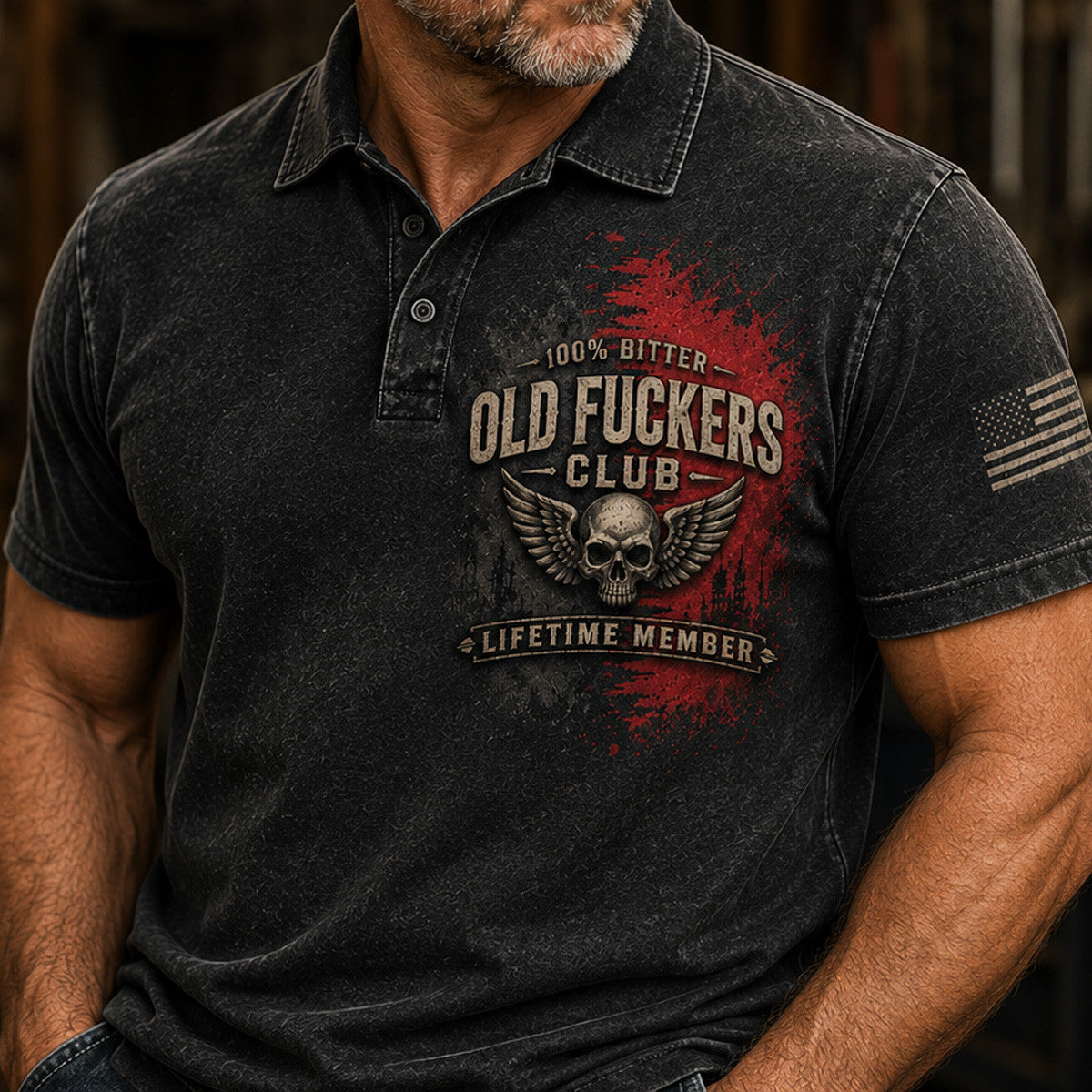 Old Fuckers Club Lifetime Member Printed Polo Shirt, Skull Wings Graphic Polo, Vintage Black Red Polo for Men