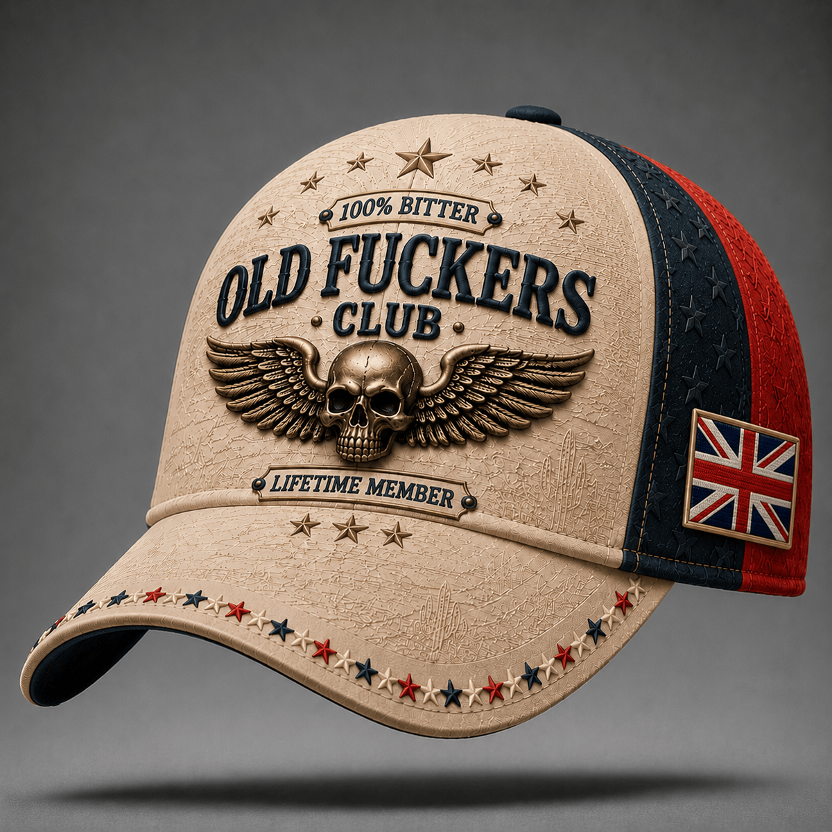 Old Fuckers Club Lifetime Member Printed Baseball Cap, Skull Wings UK Flag Hat, Funny Old Man Graphic Cap for Men