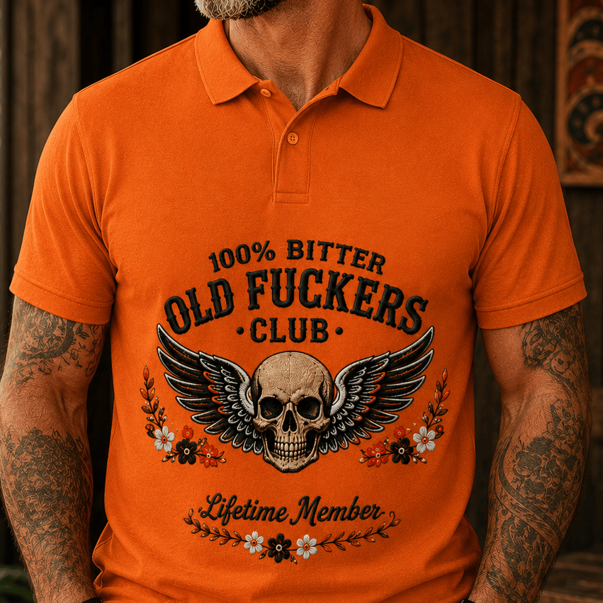 Old Fuckers Club Lifetime Member Printed Polo Shirt, Skull Wings Floral Graphic Polo, Funny Old Man Shirt for Men