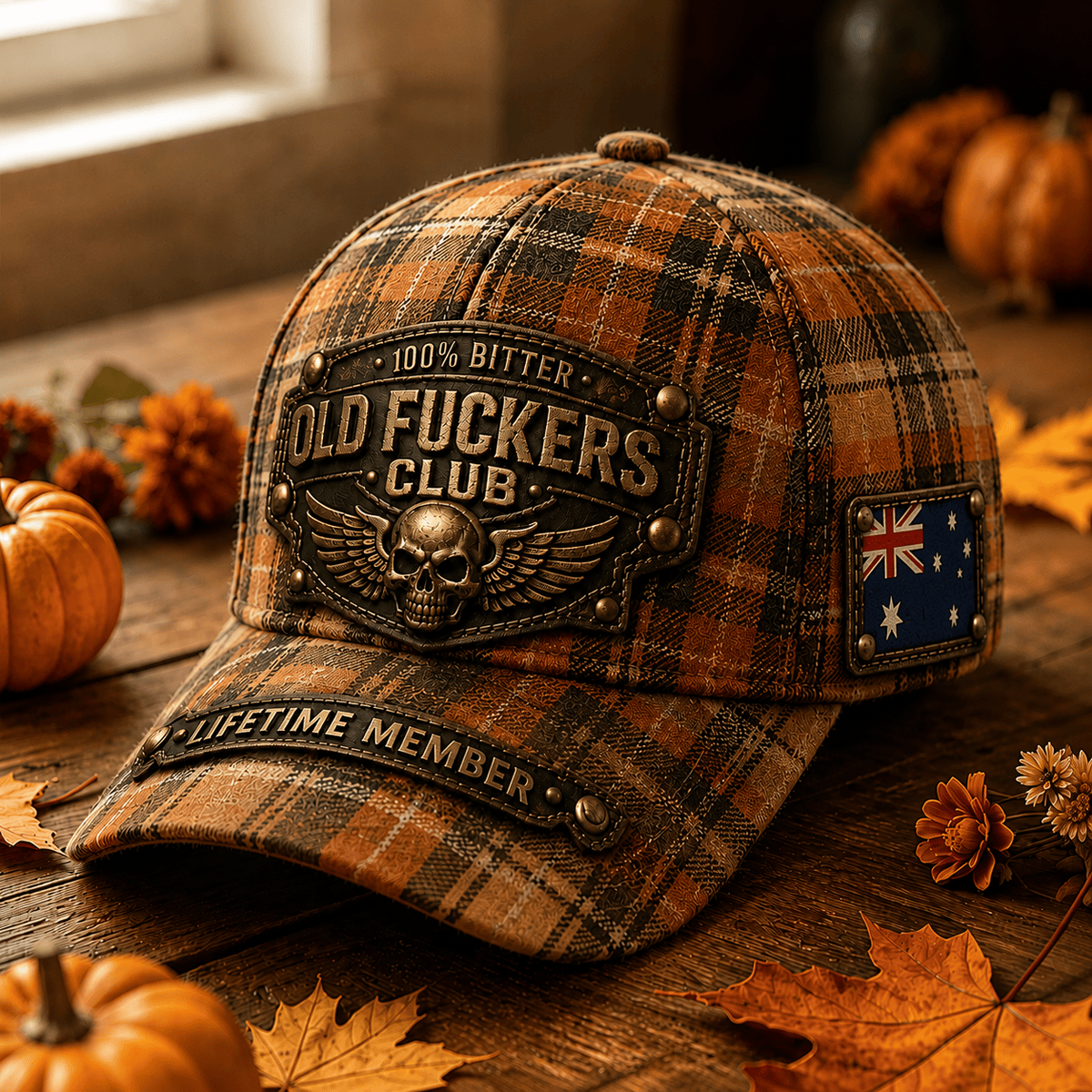 Old Fuckers Club Lifetime Member Printed Baseball Cap, Skull Wings Australia Flag Plaid Hat, Funny Old Man Graphic Cap for Men