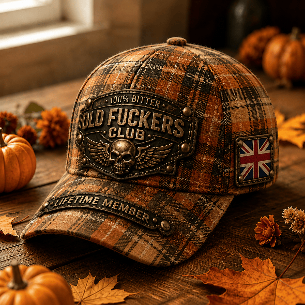 Old Fuckers Club Lifetime Member Printed Baseball Cap, Skull Wings UK Flag Plaid Hat, Funny Old Man Graphic Cap for Men