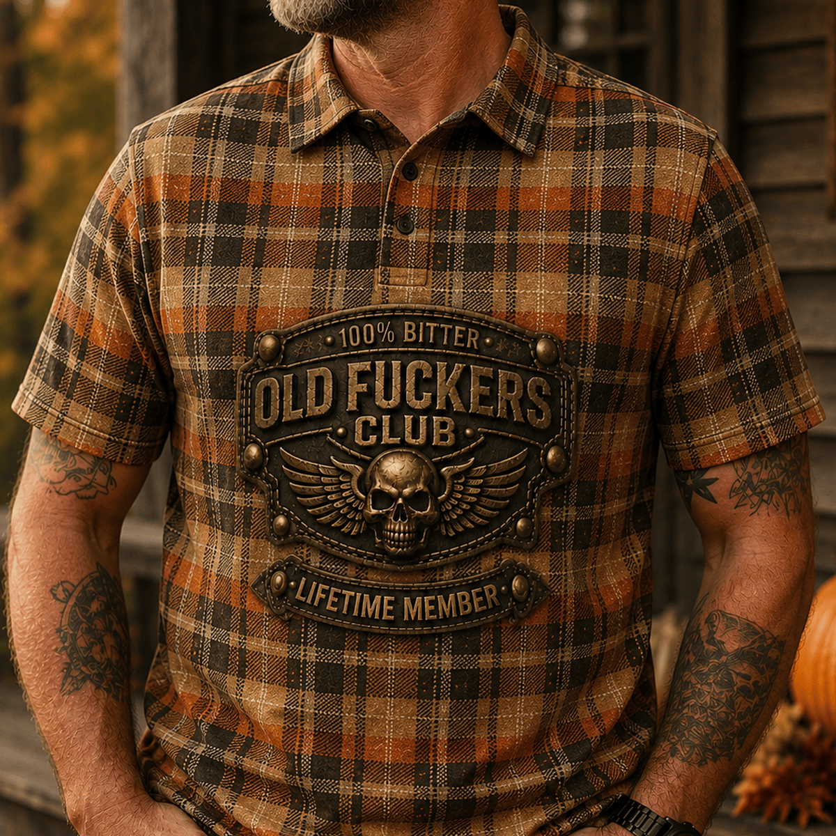 Old Fuckers Club Lifetime Member Printed Polo Shirt, Skull Wings Plaid Graphic Polo, Funny Old Man Shirt for Men